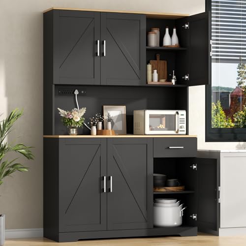 Gyfimoie 71’’ Farmhouse Kitchen Pantry Cabinet, Tall Storage Cabinet with Power Outlet, Freestanding Hutch with Drawer, 4 Adjustable Shelf & 6 Doors for Kitchen Living Room (Black) - color: Black