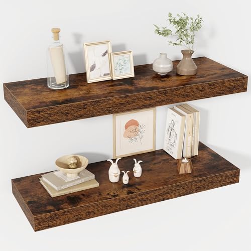 Acovy 30 Inch Floating Shelves, 12" Deep Floating Shelf Wall Mounted, 30" Wall Shelves, Rustic Deep Bookshelf, Extra Deeper & Thicker Display Shelves for Bedroom, Living Room, Brown, Set of 2 - color: Brown, size: 12"Wx30"L-2pcs