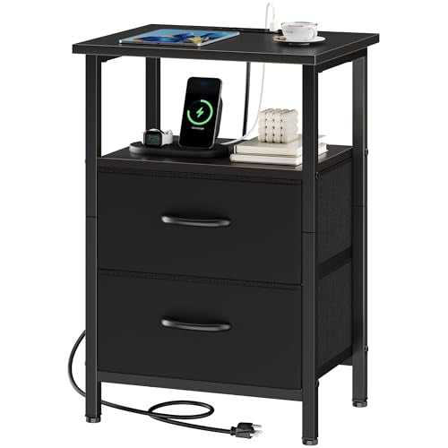 Nightstand with Charging Station, End Table Bedside Table with 2 Fabric Drawers, Black Night Stand with USB Ports & Outlets, 24.2" Tall Bed Side Table with Storage Shelf for Bedroom, Black - color: Black, size: 1 Piece, style: Ordinary