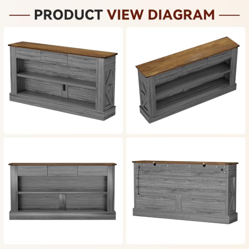 Miereirl 63" Console Table with Drawers & LED Light, Brown & Dark Grey | Narrow Entryway Sofa Table, 3 Storage Drawers & Open Shelves, Behind Couch, Living Room Hallway Foyer - color: Rustic Brown&dark Grey
