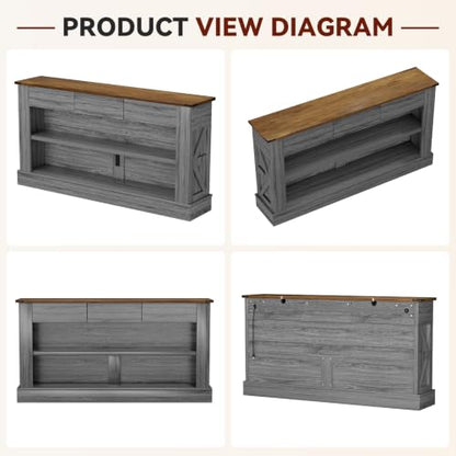 Miereirl 63" Console Table with Drawers & LED Light, Brown & Dark Grey | Narrow Entryway Sofa Table, 3 Storage Drawers & Open Shelves, Behind Couch, Living Room Hallway Foyer - color: Rustic Brown&dark Grey