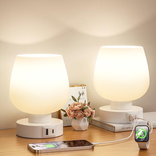 Seealle Touch Table Lamp for Nightstand Set of 2 - Bedside Lamp with USB C+A Charging Ports for Bedroom Living Room Night Stands, Desk Lamp with White Glass Shade for Small Spaces, 3 Way Dimmable - color: White_2Pack, size: USB