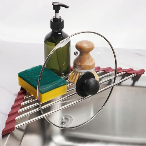 Tomorotec Triangle Roll Up Dish Drying Rack 304 Stainless Steel Wine Red | BPA-Free Food-Grade Silicone Edges Foldable Waterproof Rustproof Heavy-Duty Space Saver Heat Resistant to 550°F - color: Wine Red