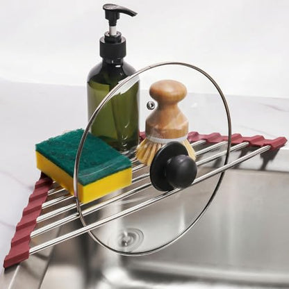 Tomorotec Triangle Roll Up Dish Drying Rack 304 Stainless Steel Wine Red | BPA-Free Food-Grade Silicone Edges Foldable Waterproof Rustproof Heavy-Duty Space Saver Heat Resistant to 550°F - color: Wine Red