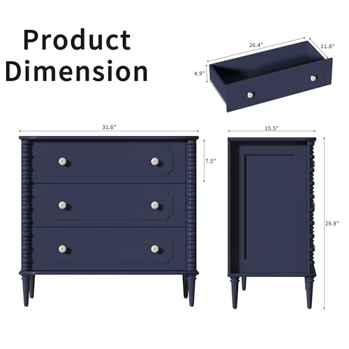 3 Drawer Dresser, 32 inch Wide Dresser for Bedroom, Modern Wood Chest of Drawers, Turned Legs Nightstand with 3 Drawers for Dorms, Hallway, Entryway - color: Blue, size: 15.5"D x 32"W x 30"H (3 Drawers)