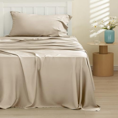 Bedsure PureWoven 100% Rayon Derived from Bamboo, Twin Bed Sheets, 3 Pieces | Cooling Sheets for Hot Sleepers, Breathable & Silky Soft, 16" Deep Pocket, Hotel Luxury Bedding, Beige - color: 03 - Beige, size: Twin
