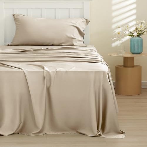 Bedsure PureWoven 100% Rayon Derived from Bamboo, Twin Bed Sheets, 3 Pieces | Cooling Sheets for Hot Sleepers, Breathable & Silky Soft, 16" Deep Pocket, Hotel Luxury Bedding, Beige - color: 03 - Beige, size: Twin