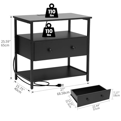 Edbuosy 27" Wide Nightstand with Charging Station & Drawer, Black | Small Dresser for Closet, 2 AC Outlets & 2 USB Ports, Open Shelf, Adjustable Feet, Wood Nightstand for Living Room or Bedroom - color: Black, size: 1 Drawer