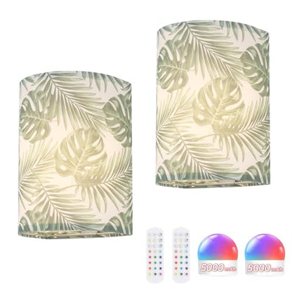Shenmoyl Adhesive Battery Operated Wall Sconce Set of 2, 5000 mAh Battery Rechargeable Bulb with 12 RGB Colors, Stick on Wall Sconce No Drill Wall Lights, Pattern - color: Semicircle Leaf