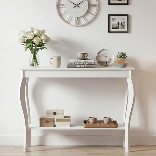ChooChoo 39" Narrow Entryway Table with Storage Shelf, White | Console Table with Curved Legs, Chic Accent Sofa Table with Shelves for Entryway, Living Room, Hallway - color: White