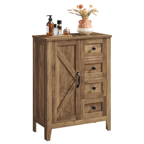 VASAGLE LIRY Collection - Storage Cabinet, Farmhouse Bathroom Floor Cabinet with 4 Drawers, Freestanding Storage Organizer, Barn Door, Adjustable Shelf, Honey Brown, UBBK753K01 - color: Honey Brown, size: 1 Door + 4 Drawers（31.5"H）