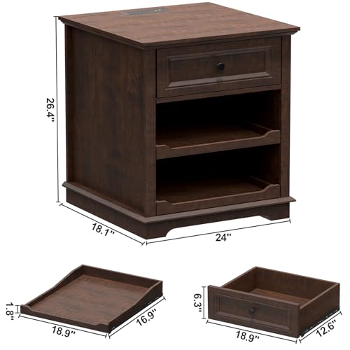 Lateral File Cabinet 3 Drawer File Cabinet with Charging Station, Wood Lateral Filing Cabinet, Printer Stand with Open Adjustable Storage Shelves for Home Office, Cherry - color: Cherry