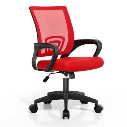 Office Chair, Ergonomic Mid-Back Mesh Desk Chair with Lumbar Support, Adjustable Height Computer Chair with Rolling Wheels Design,Comfy Armrest for Work, Study, Gaming, Red - color: Red