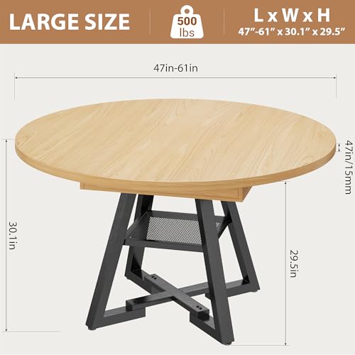 Extendable Dining Table for 4-8, Round Extendable Dining Room Table with Removable Leaf & Storage Shelf, Expandable Oval Kitchen Table with Pedestal Base, Modern Industrial Space Saving (Natural) - color: Natural