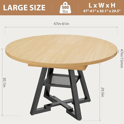Extendable Dining Table for 4-8, Round Extendable Dining Room Table with Removable Leaf & Storage Shelf, Expandable Oval Kitchen Table with Pedestal Base, Modern Industrial Space Saving (Natural) - color: Natural