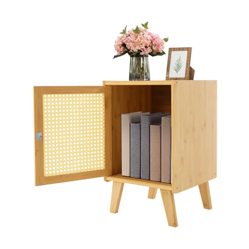 Nightstands Headboard with Legs, Boho End Table with Door, Wood Bedside Table for Bedroom, Dorm and Small Spaces (Wood Color) - color: Wood Color