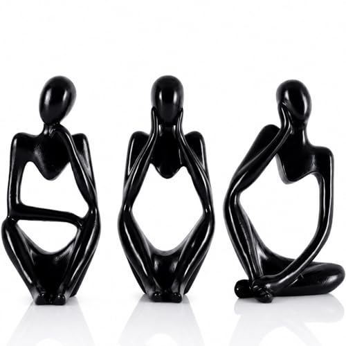 Thinker Statue Decor for TV Stand, Shelf, Desk, or Coffee Table - Set of 3 Resin Figurines for Living Room Decorative Objects, Modern Sculpture, Minimalist Bookcase Decor, Home Accents (Black) - color: Black