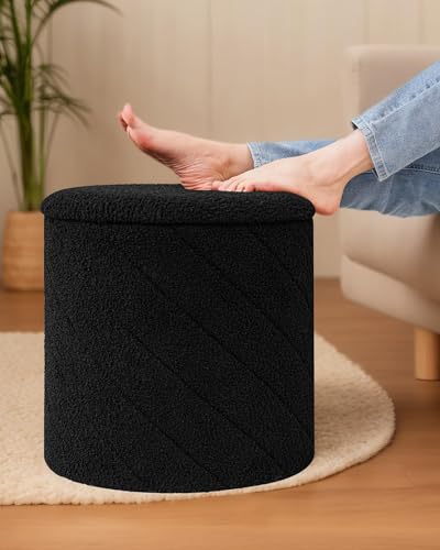 B FSOBEIIALEO Ottoman with Stroage, Boucle Round Storage Ottoman with Tray, Foot Rest Stool for Dorm Room, Living Room Black, 16.93"x16.93"x17.72" - color: Black, size: 16.93x16.93x17.72 inches