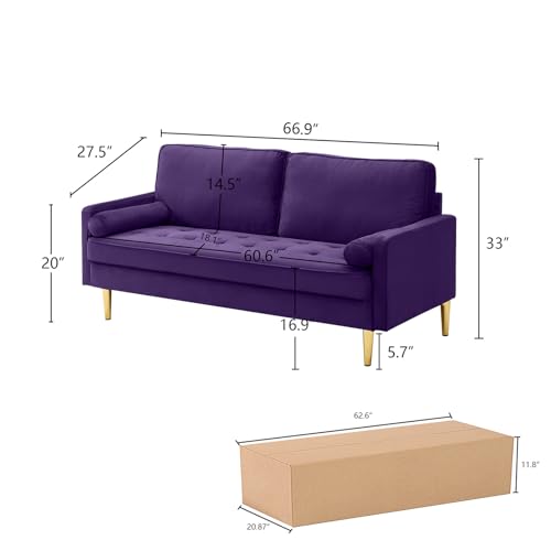 65" Love Seat Sofa, Velvet Small Sofa Small Couch for Bedroom Living Room, Bedroom, Loveseat with 2 Pillows, Gold Legs, Modern Tufted Seat Upholstered Seating for Office, Apartment (Purple) - color: Purple
