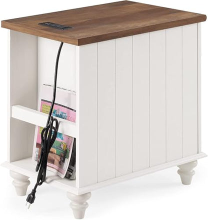 WAMPAT Off White Side Table with Charging Station, Tall Nightstand with Drawer for Bedroom, Narrow End Table Wooden Bedside Table with USB Ports & Power Outlets for Living Room - color: Off White