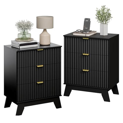 Night Stand Set 2, Bedside Table & End Table, Mid Century Modern Fluted Wood Nightstand with 3 Drawers & Metal Handles, Farmhouse Nightstand for Bedroom, Black - color: Black, style: 3 Drawers-2 PCS