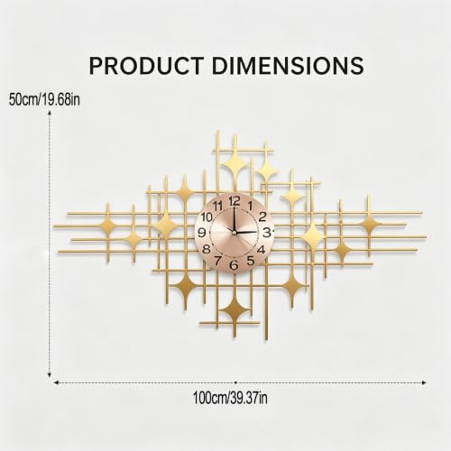 Gold Large Decorative Wall Clock, Modern Metal Wall Clock with Four-Pointed Star Design, Silent Non-Ticking Battery Operated Wall Art for Living Room Bedroom Office Home Decor