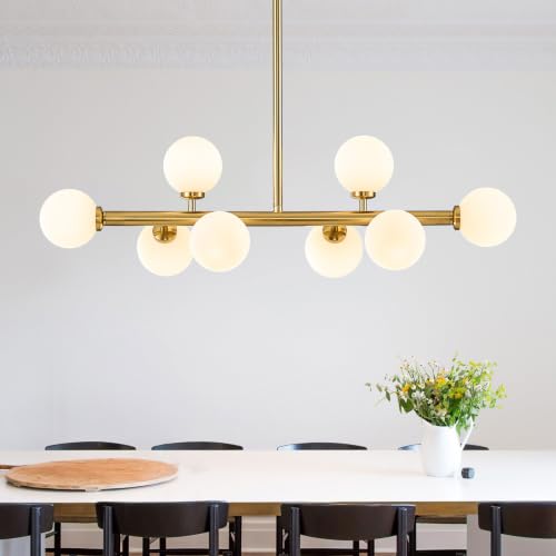Mid Century Modern Globe Sputnik Chandelier, 8-Light Linear Chandeliers for Dining Room and Kitchen Island, Dining Light Fixture Over Table, Brass Gold and Milk White Glass Bubble, 32 Inch - color: Gold Milk White, size: 8-Light 32 Inch