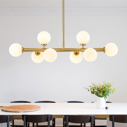 Mid Century Modern Globe Sputnik Chandelier, 8-Light Linear Chandeliers for Dining Room and Kitchen Island, Dining Light Fixture Over Table, Brass Gold and Milk White Glass Bubble, 32 Inch - color: Gold Milk White, size: 8-Light 32 Inch