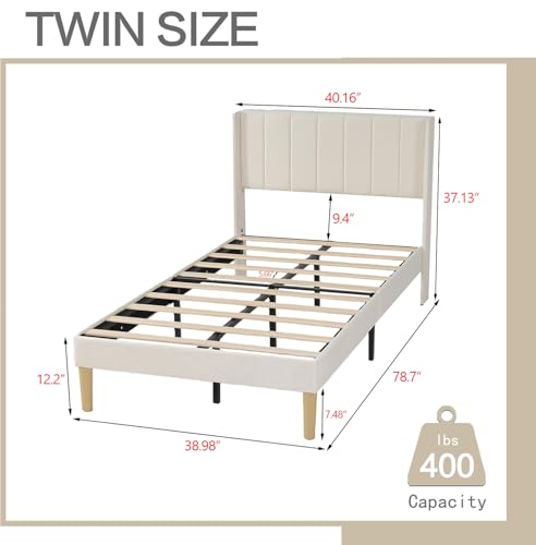 AGARTT Upholstered Platform Bed Frame Twin Size, Beige Velvet | Headboard and Footboard/Wooden Slats Support/No Box Spring Needed/Easy Assembly - color: Beige Velvet, size: Twin