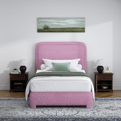 BarnFurin Twin Bed Frame, Cloud Boucle Headboard, Low Profile, Rose Pink | Soft boucle and rounded edges create a low-profile cloud look. Wooden slats support the mattress without a box spring - color: Rose Pink, size: Twin