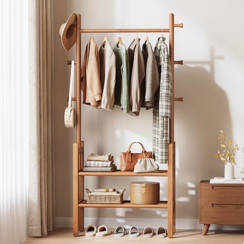 Yoobure Solid Wood Clothing Rack with Shelves - Coat Rack Freestanding with 6 Hooks, 3-in-1 Hall Tree for Hanging Clothes, Tall Garment Racks with Storage for Bedroom, Entryway, Living Room, Closet - color: Natural