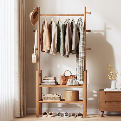 Yoobure Solid Wood Clothing Rack with Shelves - Coat Rack Freestanding with 6 Hooks, 3-in-1 Hall Tree for Hanging Clothes, Tall Garment Racks with Storage for Bedroom, Entryway, Living Room, Closet - color: Natural