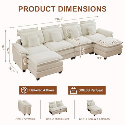 134'' U Shaped Sectional Couch, Cloud Deep Seat Sofa Couch with 2 Ottoman, Detachable Headrest, Oversized Modular 5 Seater Sofas for Living Room, Beige - color: Beige, size: U Shaped Couch