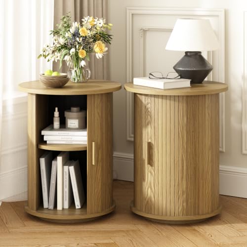 Wnutrees Round Fluted End Table, Small Accent Pedestal Side Table, Natural | Wood Nightstand with Sliding Door & 2 Tier Shelf, Bedside Unit for Living Room, Bedroom - color: Natural