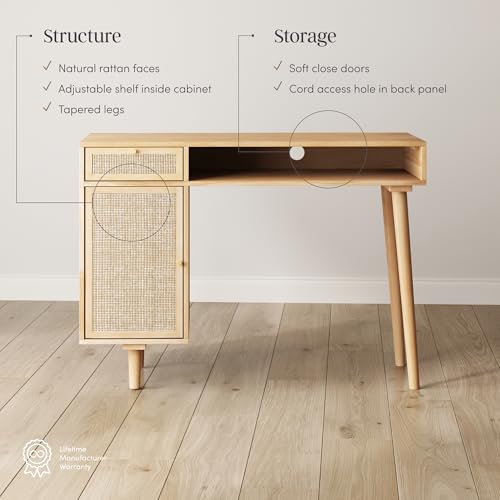Nathan James Aaron Modern Desk with Storage, Natural Rattan Table with Square Webbing and Gold Accent Knobs, Natural Brown - color: Natural Brown