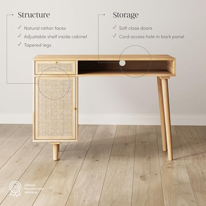 Nathan James Aaron Modern Desk with Storage, Natural Rattan Table with Square Webbing and Gold Accent Knobs, Natural Brown - color: Natural Brown