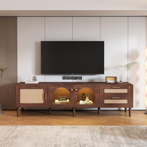 Modern 70 inch TV Stand for TVs up to 80 inch, Entertainment Center with App Controlled LED Lights and Rattan Glass Doors, Media Console with Storage Drawers for Living Room, Dark Brown - color: Dark Brown-u