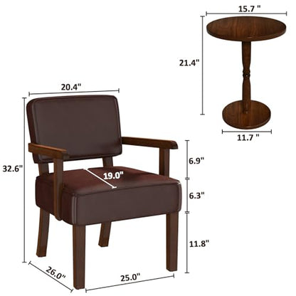 Accent Chairs Set of 2, 2 Solid Wood Armchairs with Table | Faux Leather Chair with Soft Thicken Cushion, Comfy Reading Chair for Bedroom, Waiting Room, Home Office, Easy Assembly - color: Faux Leather Cherry, size: Set of 2 with table