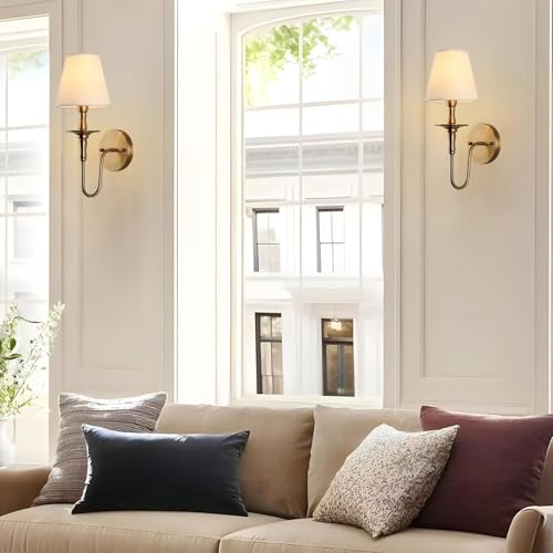 Antique Wall Sconces Battery Operated Set of 2,No Wiring Rechargeable Wall Lights with Remote , Brass Vintage Fabric Shade Wall Lamp Fixtures Gold for Living Room Bedroom Hallway Farmhouse TV