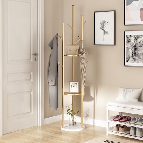 TIEOU Metal Coat Rack, Gold Coat Racks Freestanding with Shelves and Marble Base, Coat Tree with 9 Hooks for Scarves, Bags, Modern Coat Rack Stand for Entryway, Living Room, Bedroom, Easy Assembly - color: CK-Three-gold