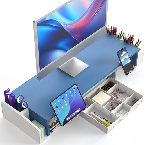 Simple Houseware Desk Dual Monitor Stand Riser with Drawer, Blue | Customizable Organizer Tray, Built-In Phone & Tablet Slot and Side Storage - color: Blue