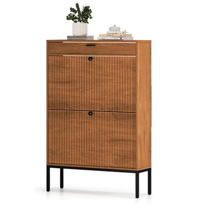 Shoe Cabinet, Shoe Storage Organizer Cabinet with 2 Flip Wavy Line Drawers, Freestanding Shoe Rack with Adjustable Shelf for Entryway, (Walnut) - color: Wavy Line-walnut