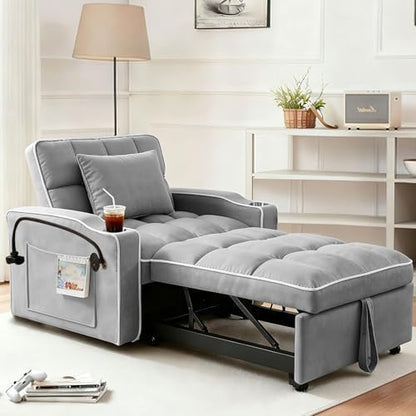 Sleeper Chair with USB Port, 3 In1 Pull Out Sofa Bed, Gray | Adjustable Backrest,Soft Cushioning,Handy Side Pocket,Cup Holders,Phone Holder - color: D-light Gray-kg
