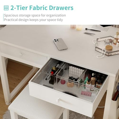 Lufeiya Small Makeup Vanity Desk with Fabric Drawers, 32 inch White Vanity Desks with Mirror and Light, Dressing Table and Chair Set with Power Outlet for Girls Bedroom, White - style: White