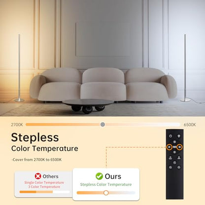 Marlrin Minimalist Corner Floor Lamp, Silver LED Standing Lamp | 57.8” height design with remote control, 2700K-6500K dimmable ambient light for living rooms, bedrooms, and corners