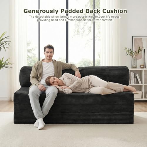 5-in-1 Convertible Sofa Bed, Boneless Couch Loveseat with Removable Cushions & Washable Cover, Futon Sofa Bed with Handle, Pull Out Couch for Small Spaces, Full Size, Black - color: Black, size: Full Size-80''L*54''W