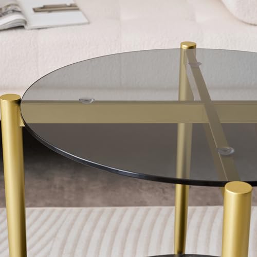 LumFurn D18in Round Glass End Table, Mid-Century Modern Side Table for Living Room, D18xH23inch, Grey Glass and Black Marble MDF Wood, Conical Legs with Gold Finish Frame - color: D18" Grey & Black Marble