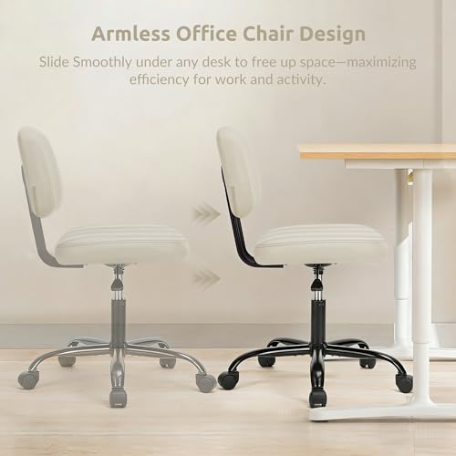 Swivel Rolling Office Chair, Armless Pu Leather Vanity Chair with Back Lumbar Support Height Adjustable Computer Chair, Small Desk Chair for Home Office, Beige White - color: Beige White