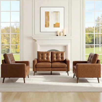 HNY Mid Century Modern 53" Loveseat Sofa, Comfy Upholstered Button Tufted Faux Leather 2 Seater Couch, Lounge Sleeper Love Seats for Small Spaces Living Room Apartment Bedroom, Brown