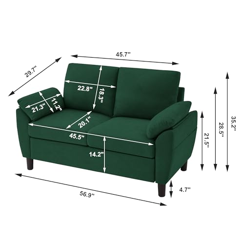 Small Loveseat Sofa, 57" Mid Century Modern Love Seat, 2 Seater Couches for Living Room, Bedroom, Small Spaces, Green - color: Green